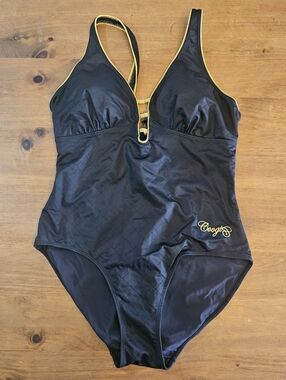 Coogi Womens Plus Size 1X One Piece Swimsuit Built In Bra Black With Gold Trim